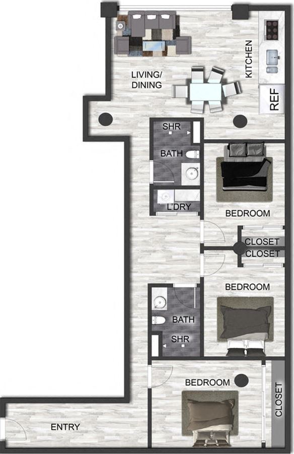 Floor plan for 3 beds, 2 baths, 1407 sqft